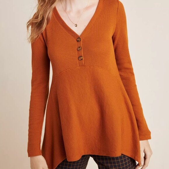 Anthropologie Tops - Anthropologie Maeve Eliza Henley Babydoll Tunic Size XS Burnt Orange Waffleknit